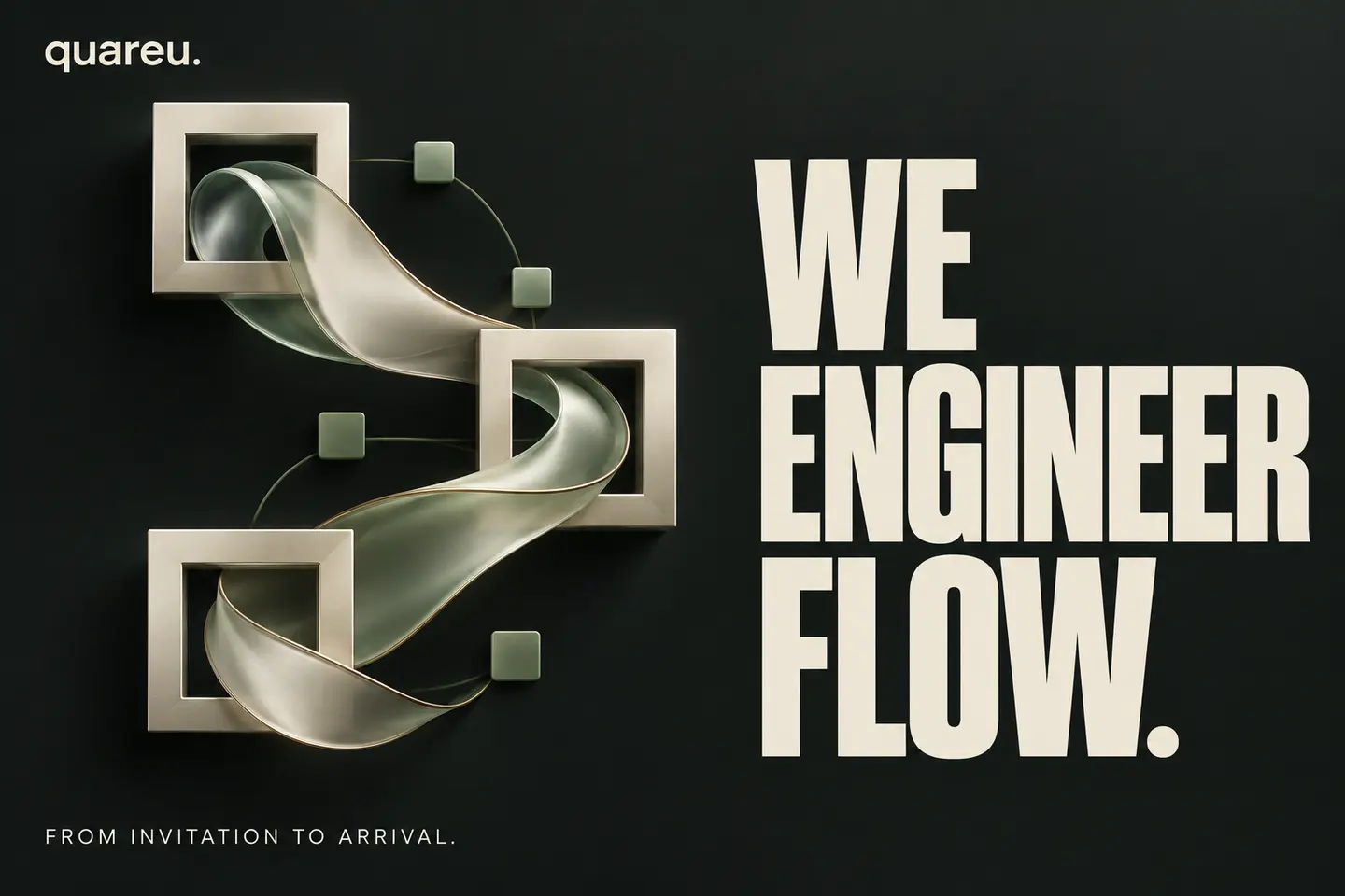 Quareu artwork: We engineer flow. From invitation to arrival. Sculptural ribbons connect QR-inspired frames.
