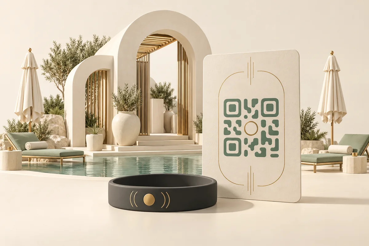 An ivory beach club entrance, sage pool and loungers with a sculptural QR day pass and graphite NFC wristband.
