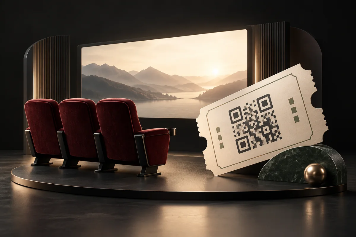 Burgundy cinema seats, a luminous screen and a sculptural QR movie ticket.