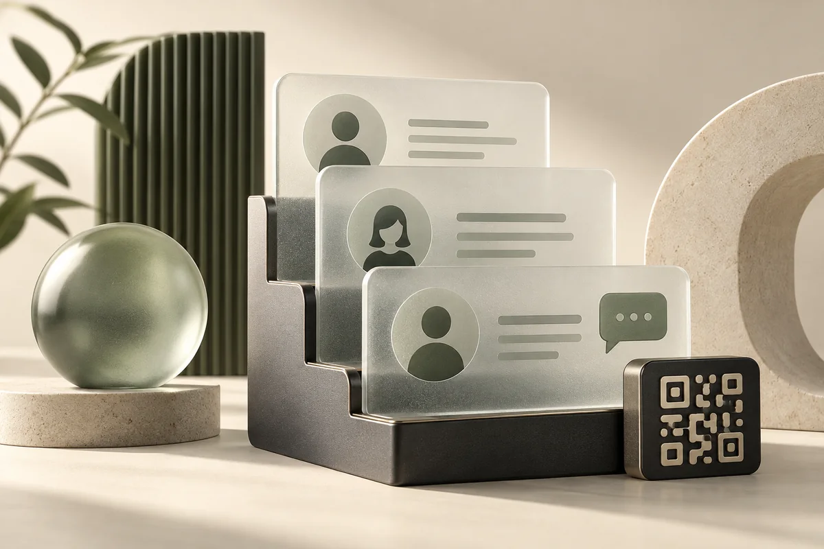 An organised set of frosted customer profile cards with a message bubble and QR tile.