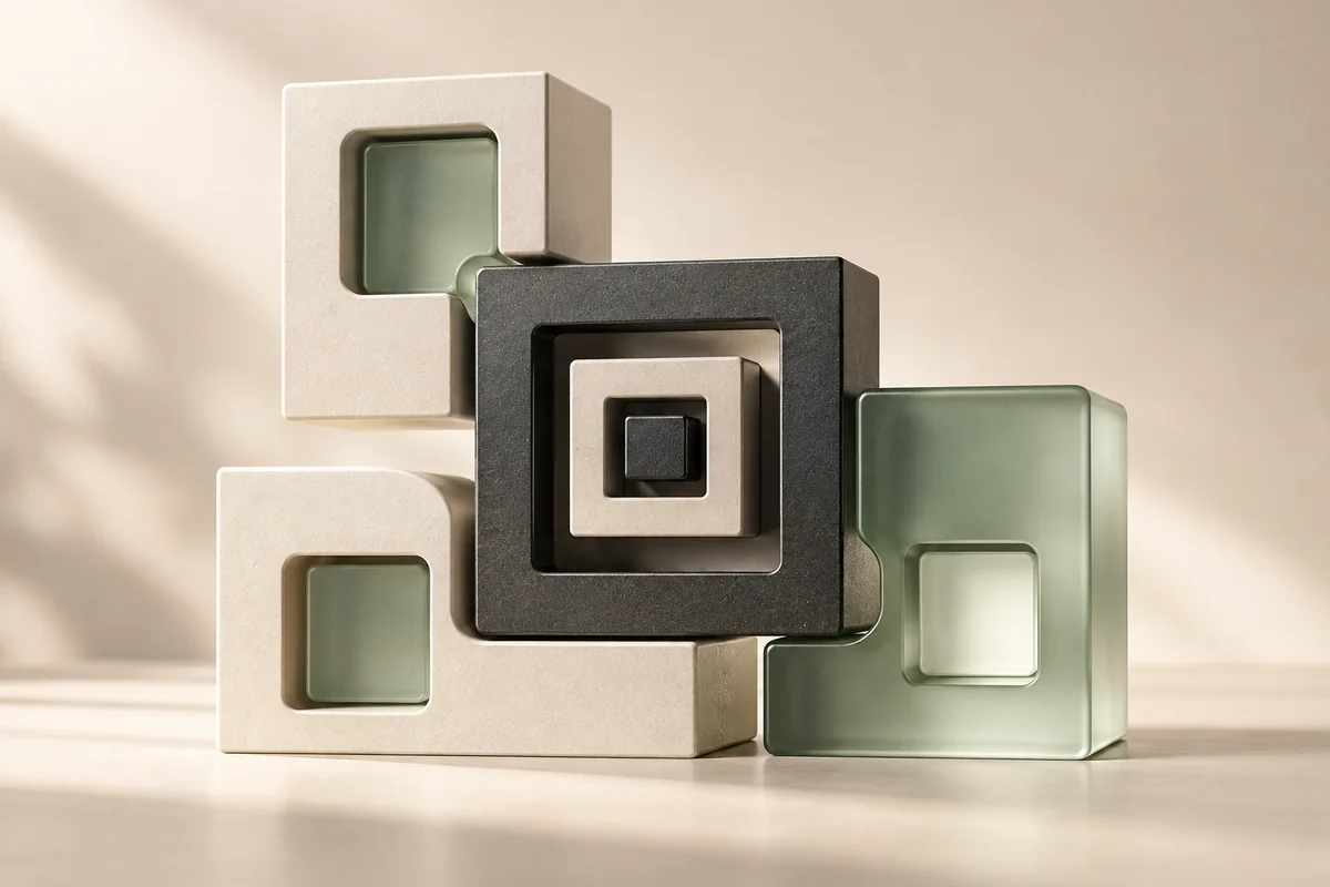 Nested charcoal QR-inspired frames fitted with modular ivory and translucent sage blocks.