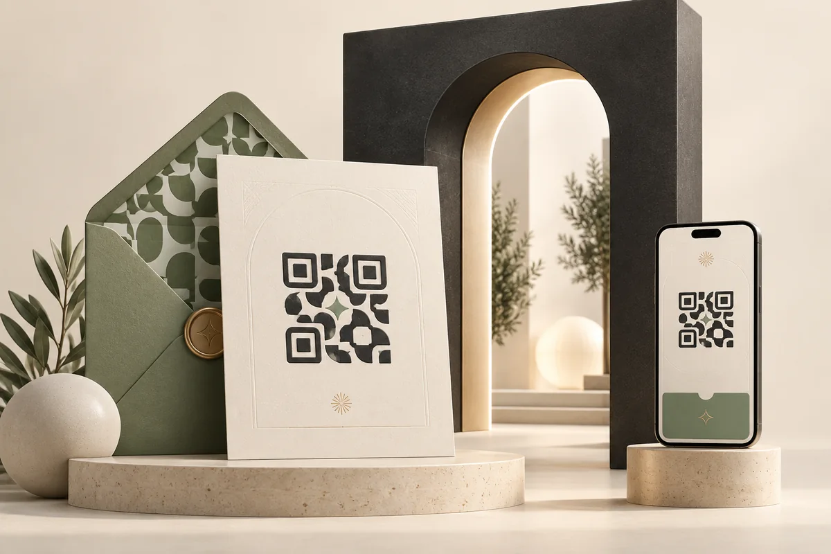 An ivory QR invitation, sage envelope and matching digital pass beside a sculptural entrance.