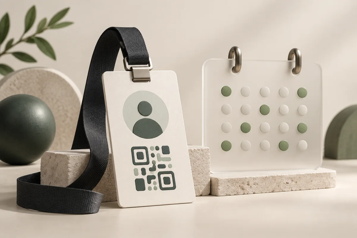 An employee QR ID on a graphite lanyard beside a frosted attendance calendar.