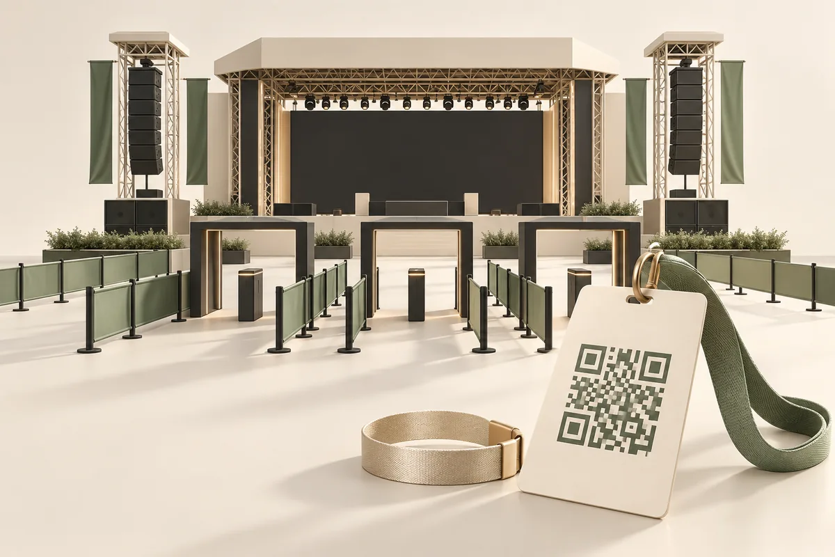 An ivory festival stage with organised entrance lanes, a sage-lanyard QR admission badge and champagne wristband.