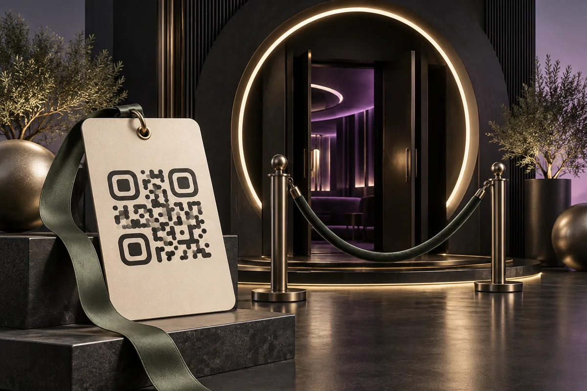 A charcoal club entrance with a light halo, velvet rope and a large ivory QR guest pass.