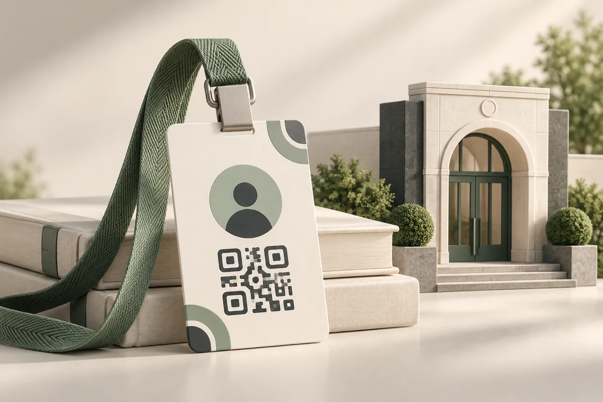 A sage-lanyard QR student ID beside ivory textbooks and a miniature school doorway.