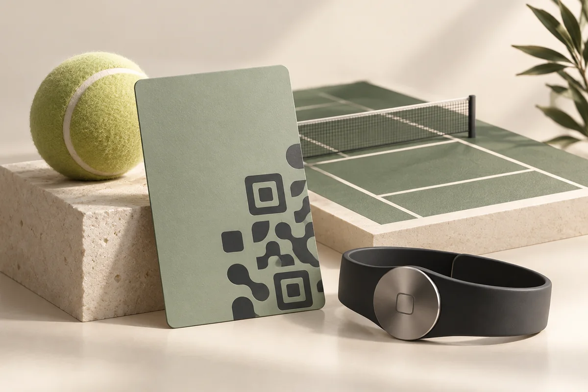 A sage QR membership card, graphite NFC wristband and miniature tennis court.