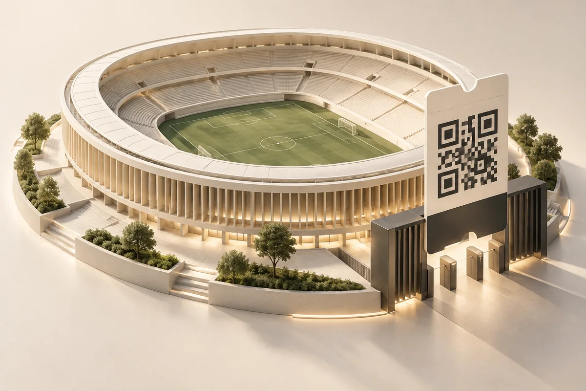 An ivory stadium model with a sage pitch and a large QR ticket at its entrance gates.