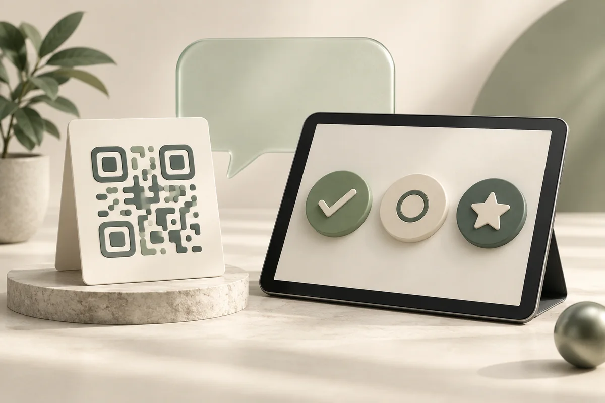 An ivory QR survey display beside a graphite tablet with three simple response controls.