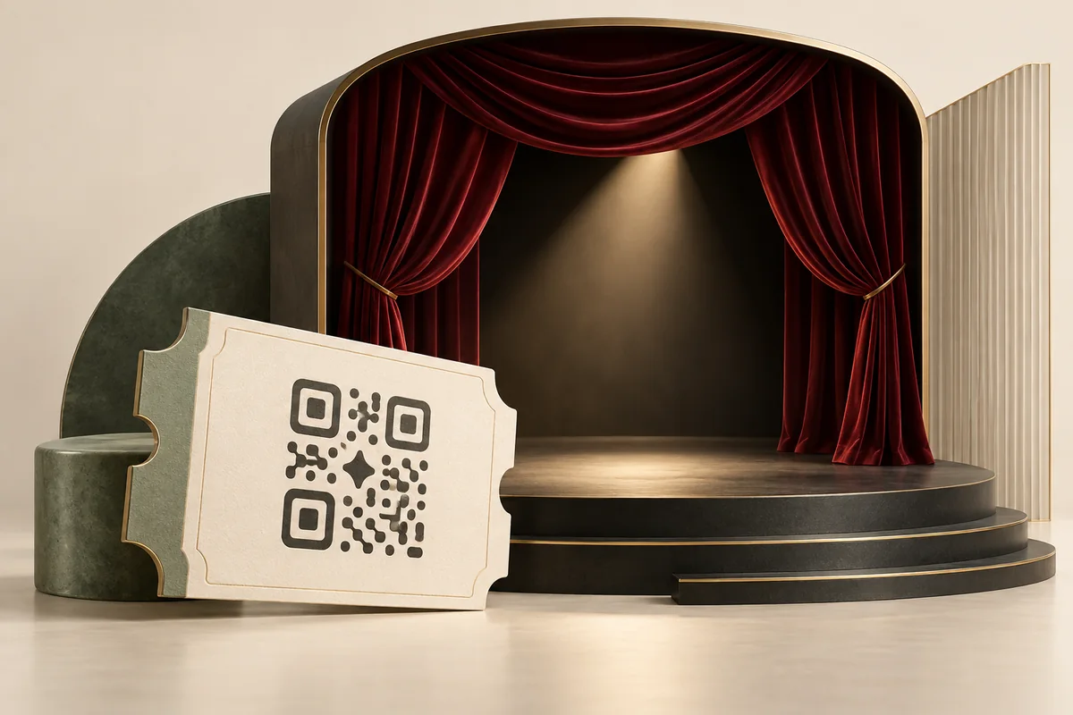 An ivory QR admission ticket in front of a burgundy-curtained miniature theatre stage.