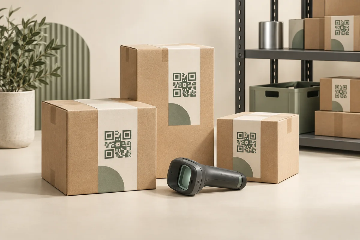 Kraft parcels with QR labels, organised shelving and a graphite handheld scanner.
