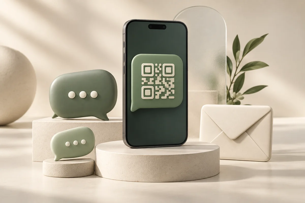 A graphite phone with a sage QR message, sculptural chat bubbles and an ivory email envelope.